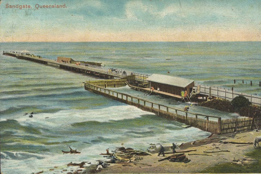 An illustration of an old pier over the water.