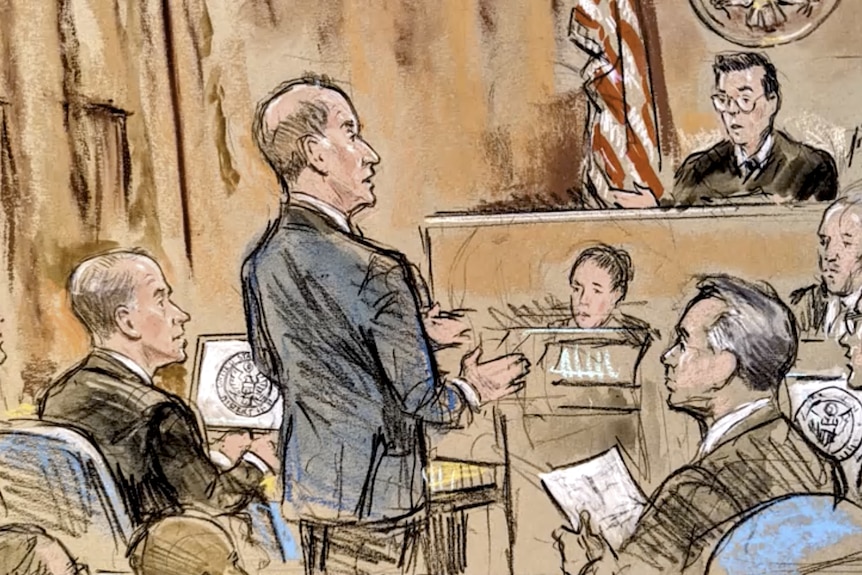 A man in a suit stands before a judge in a courtroom in a drawing.