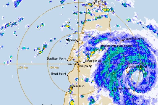 BOM weather radar showing the eye of Tropical Cyclone Trevor crossing the Queensland coast