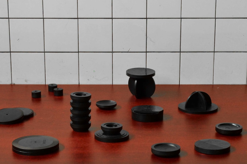 Several small, black shiny objects sit on a table.