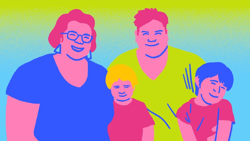 A line-drawing cartoon of two smiling adults with two young kids, all have brightly coloured hair and clothes.