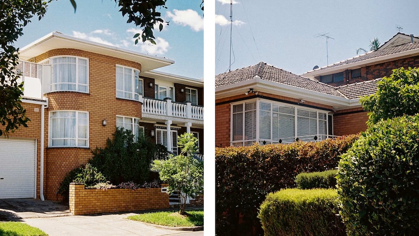 You see two portrait images of homes on a clear day, one double-storey with a curved wall and the other with pruned hedges.