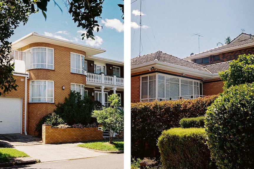 You see two portrait images of homes on a clear day, one double-storey with a curved wall and the other with pruned hedges.