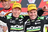 Craig Lowndes and Steven Richards celebrate their win at Bathurst.