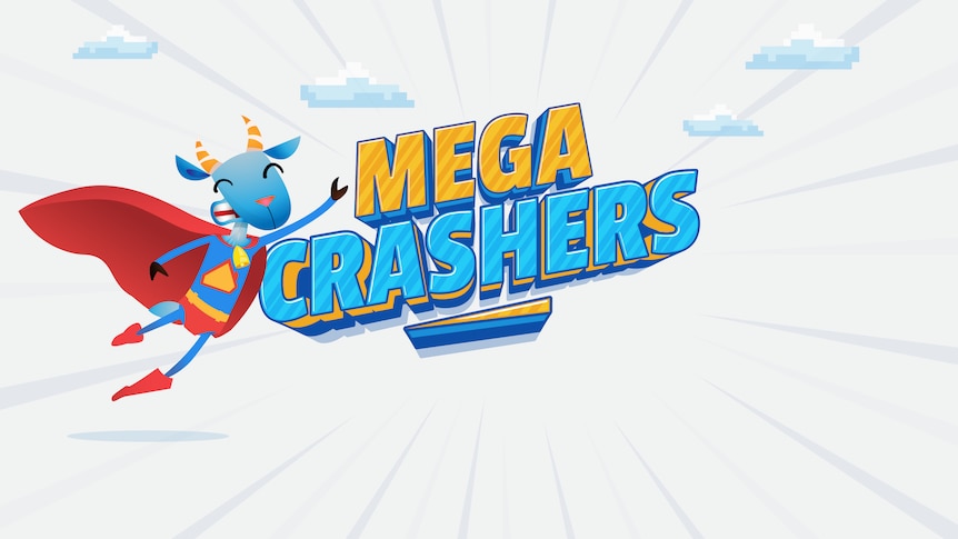 in a super hero outfit flys through the air. The title reads Mega Crashers.