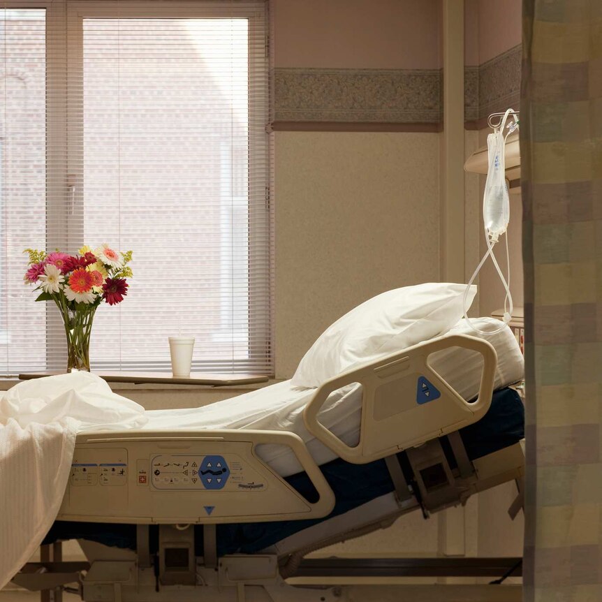 A vase of flowers on a window sill overlooks an empty hospital bed, lit with warm lighting.