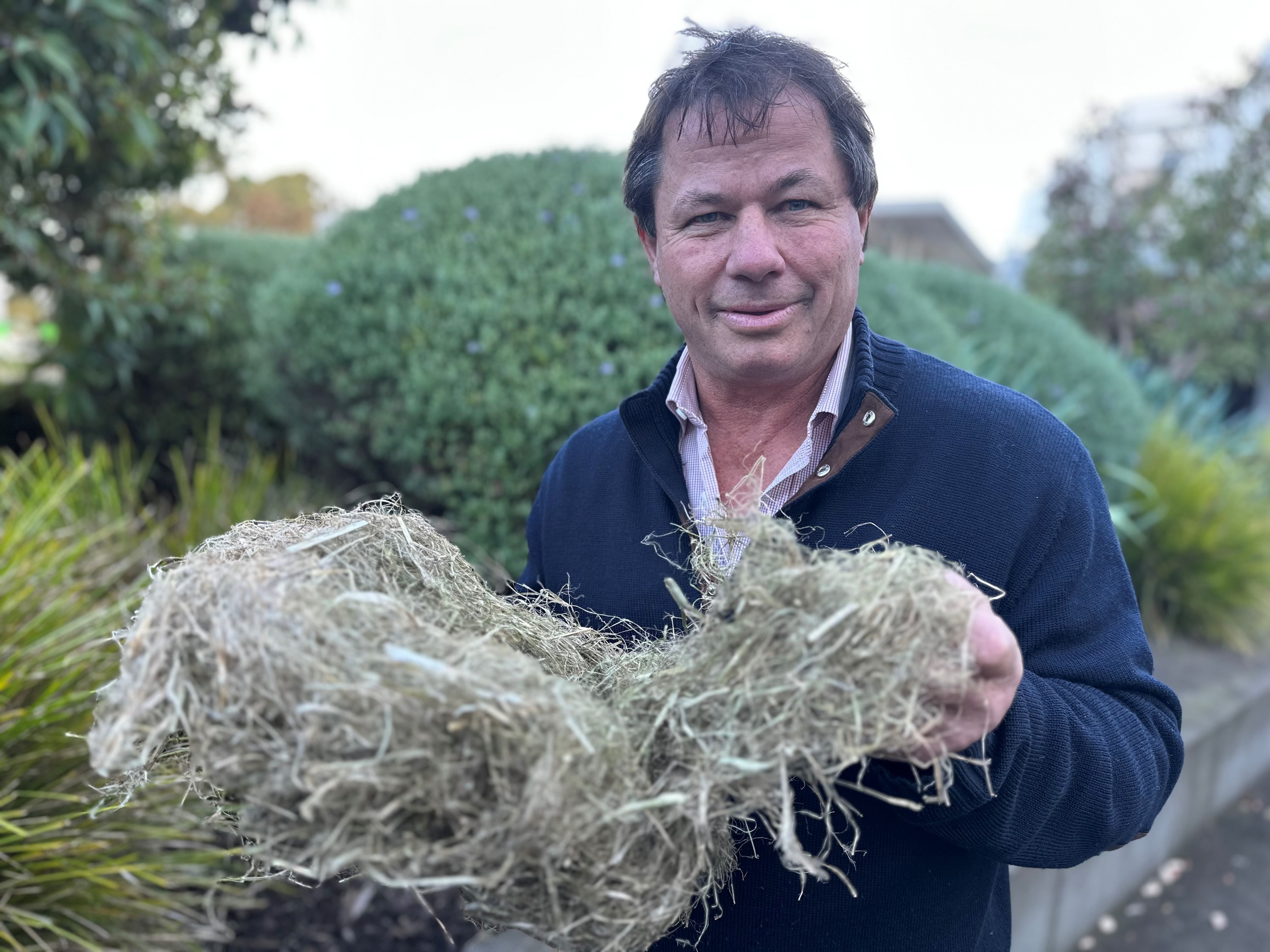 A man holds a bundle of raw hemp fire.