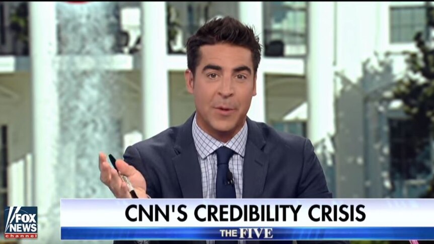 A screen capture of a presenter on Fox News with the banner 'CNN's credibility crisis'.