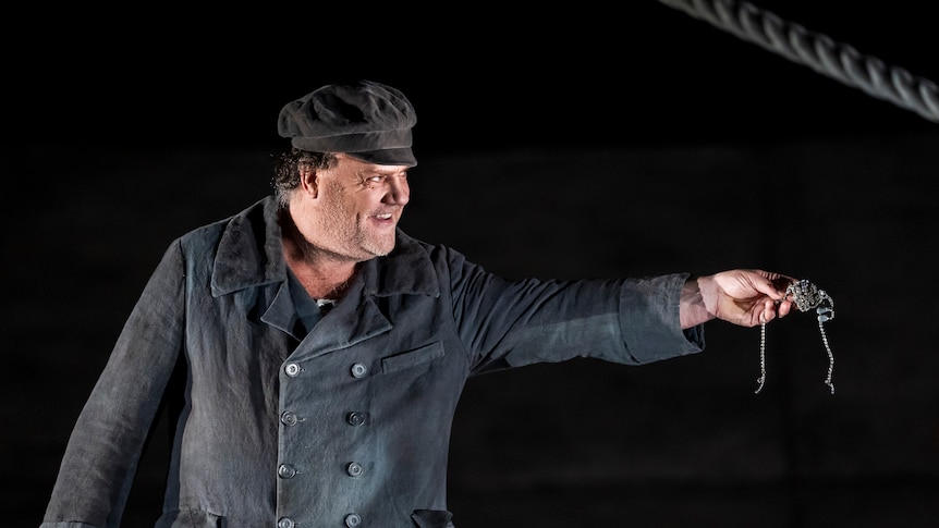Sir Bryn Terfel dressed as an old-style sailor in Wagner's opera The Flying Dutchman.