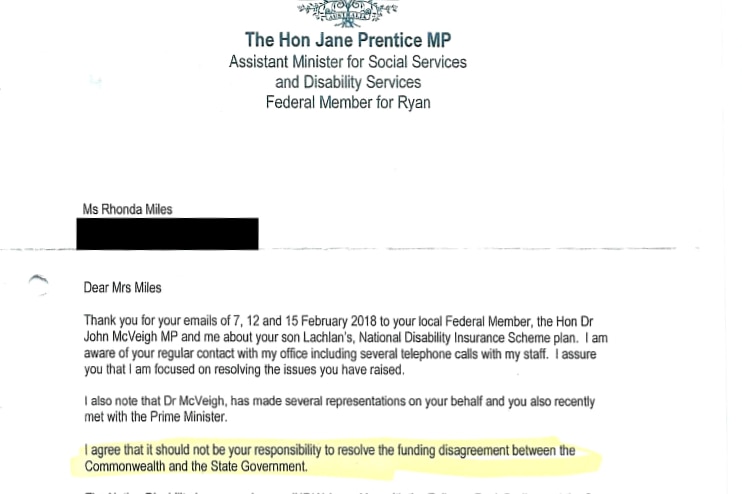 A letter from federal MP Jane Prentice to Rhonda Miles.