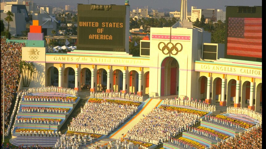 A general view of the Coliseum Stadium during the opening ceremony of the 1984 LA Olympics.