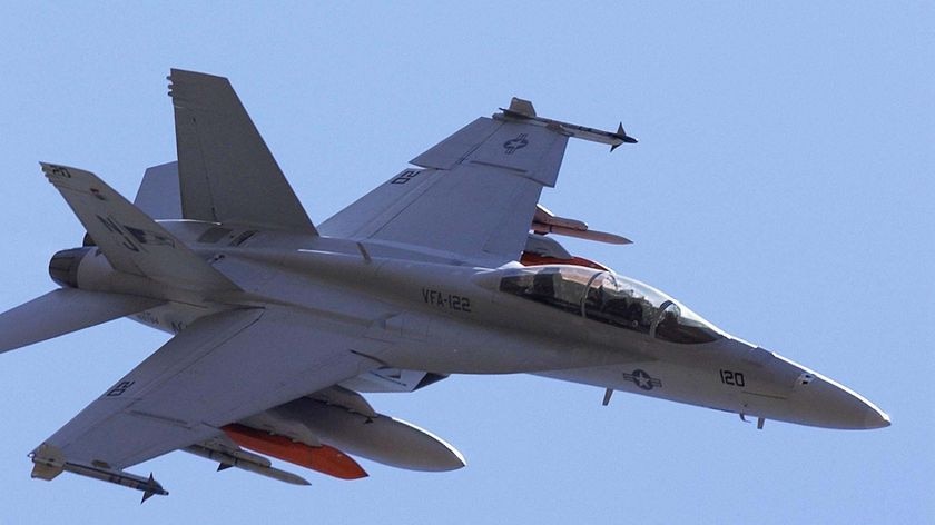 A US Navy F/A-18F Super Hornet at the Australian International Airshow at Avalon Airport, Melbourne.