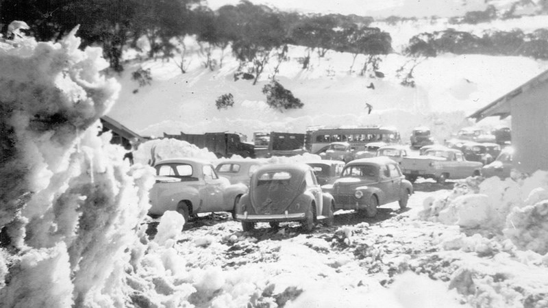 Cars take a hit in a snow dump in 1956.