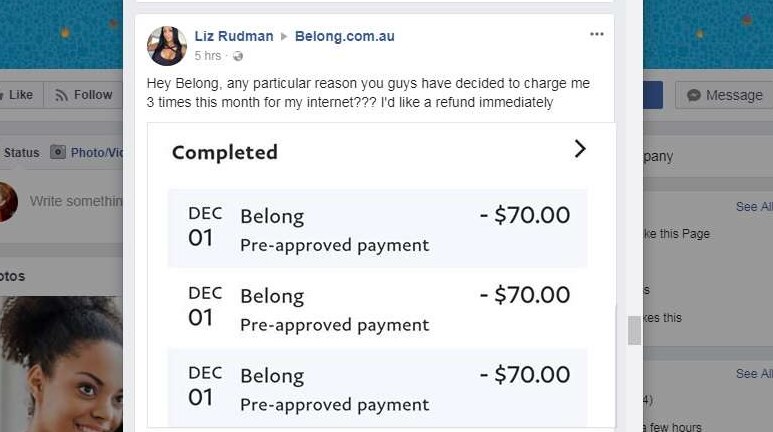 Screenshot shows three $70 debits being extracted from a woman's bank account by Belong.