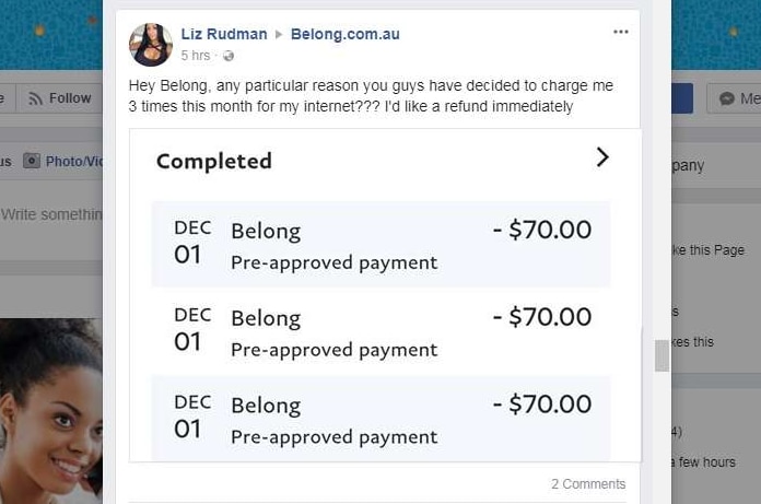 The screenshot shows three debits of $ 70 taken from a woman's bank account by Belong.