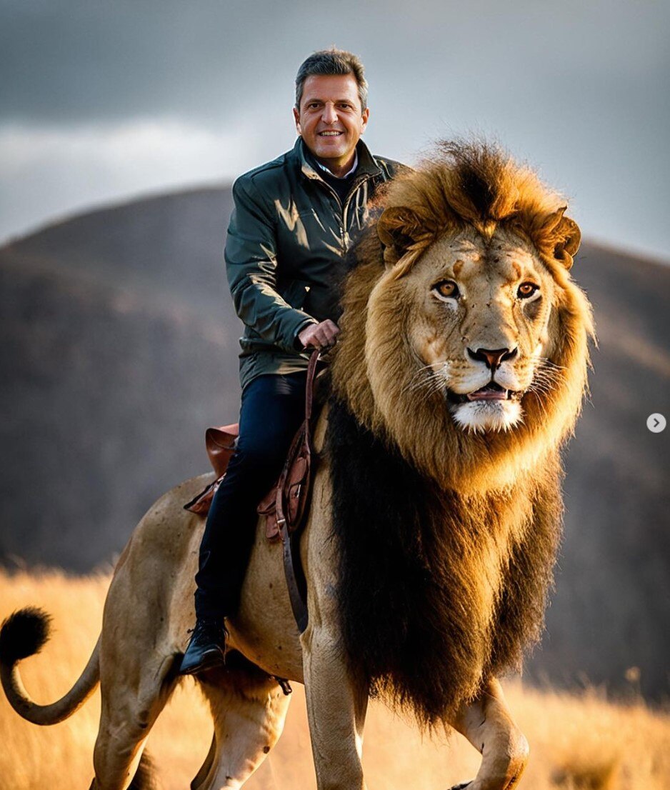 An AI-generated images of Argentine presidential candidate Sergio Massa riding a lion. 