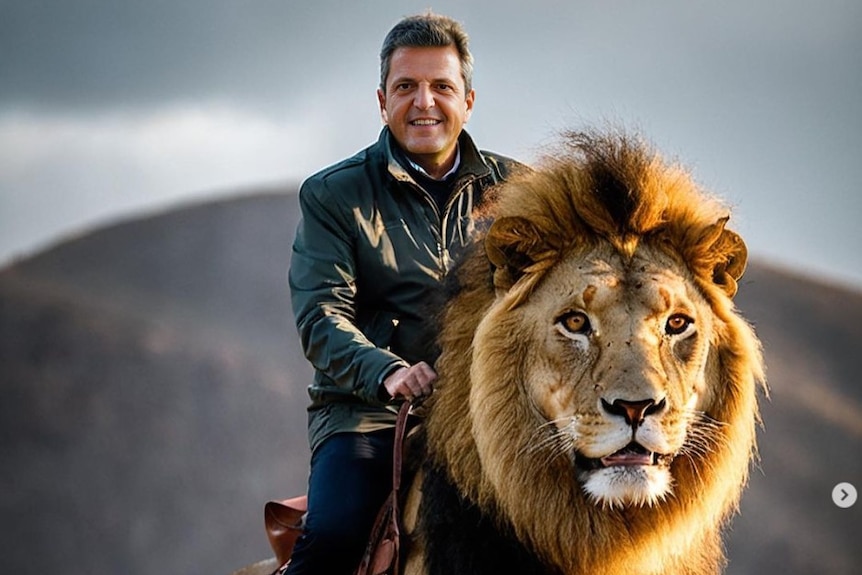 An AI-generated images of Argentine presidential candidate Sergio Massa riding a lion. 