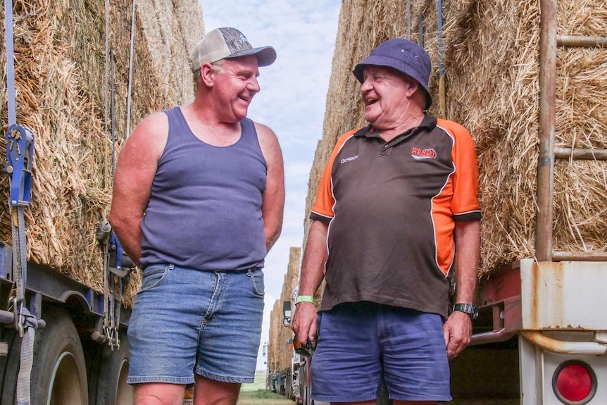 Two men lean on hay bales, still on the truck, and smile at each other.