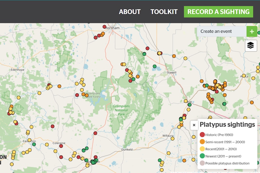 Picture of a map marked with locations of platypus sightings