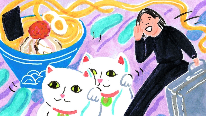 An illustration of a bowl of ramen, waving cats and woman holding a suitcase, Grace Lee's story of moving to Tokyo Japan.