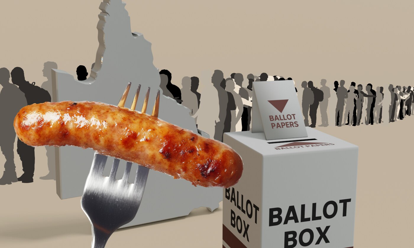 A graphic of a democracy sausage and state of Queensland for 2024 election.