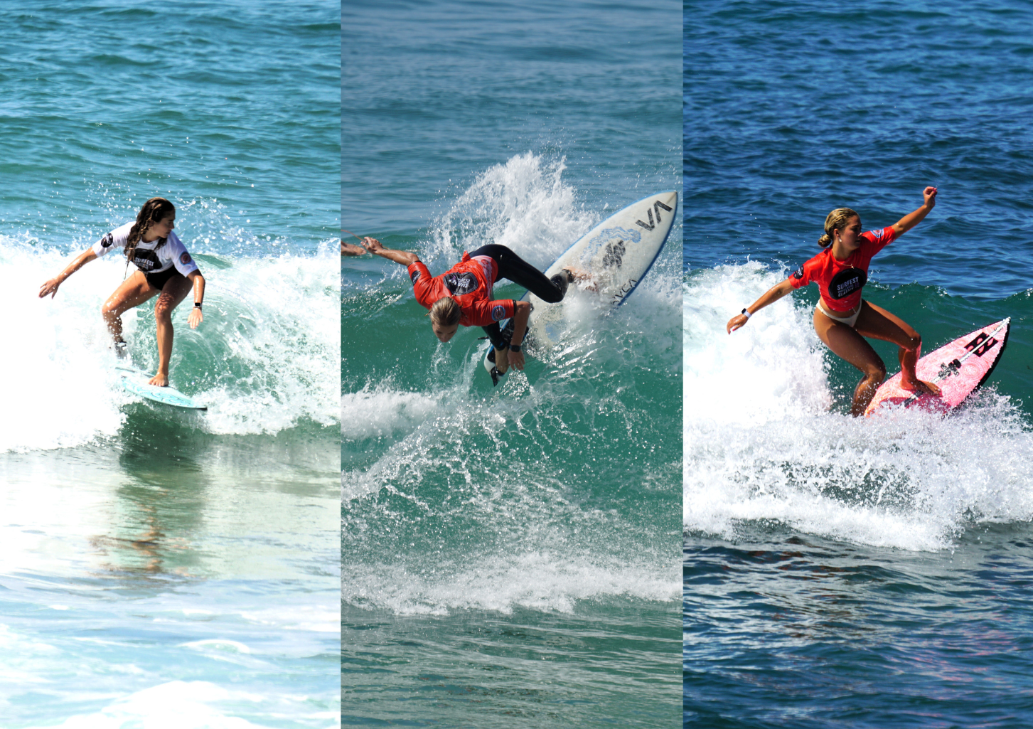 A three-panel image showing two young women and a young man carving up waves on surfboards.