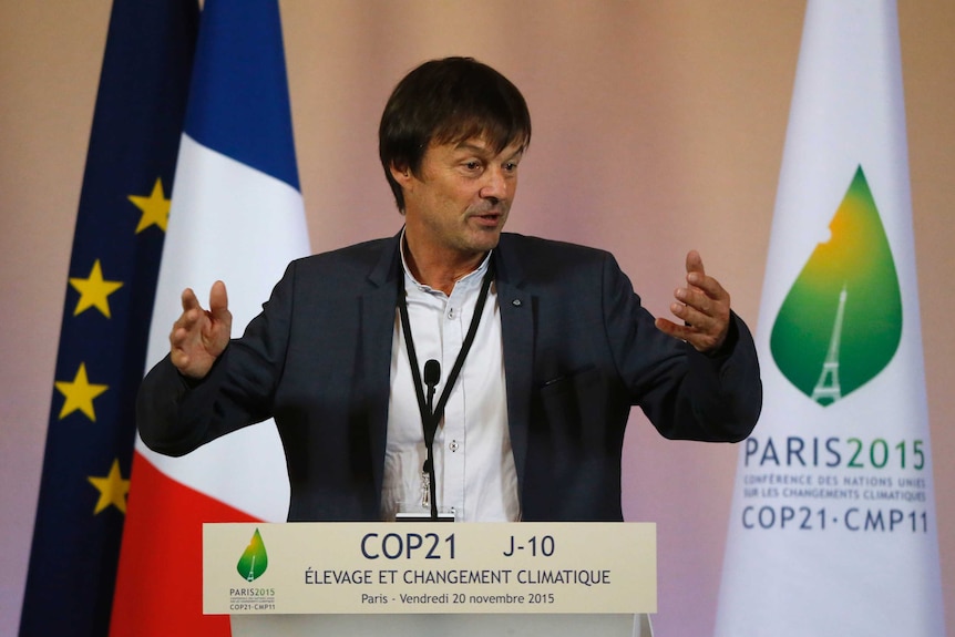 Nicolas Hulot gestures during a press conference.