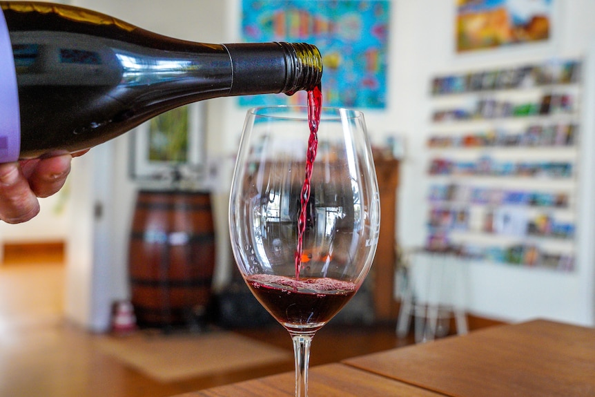 Pouring Red wine into a glass, boutique winery