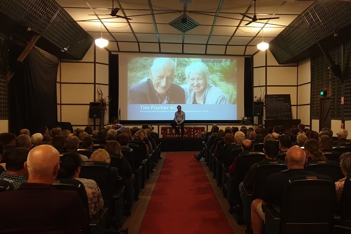 Inside a regional picture theatre where a pre-recorded video of Tim Fischer was played