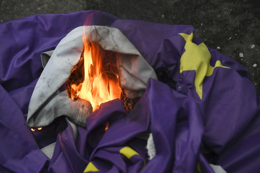 Brexit supporters burn a European Union flag in London.