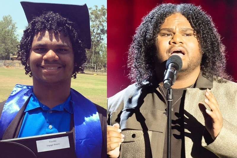 A split image showing a smiling young man graduating from high school and him a few years later onstage, singing.