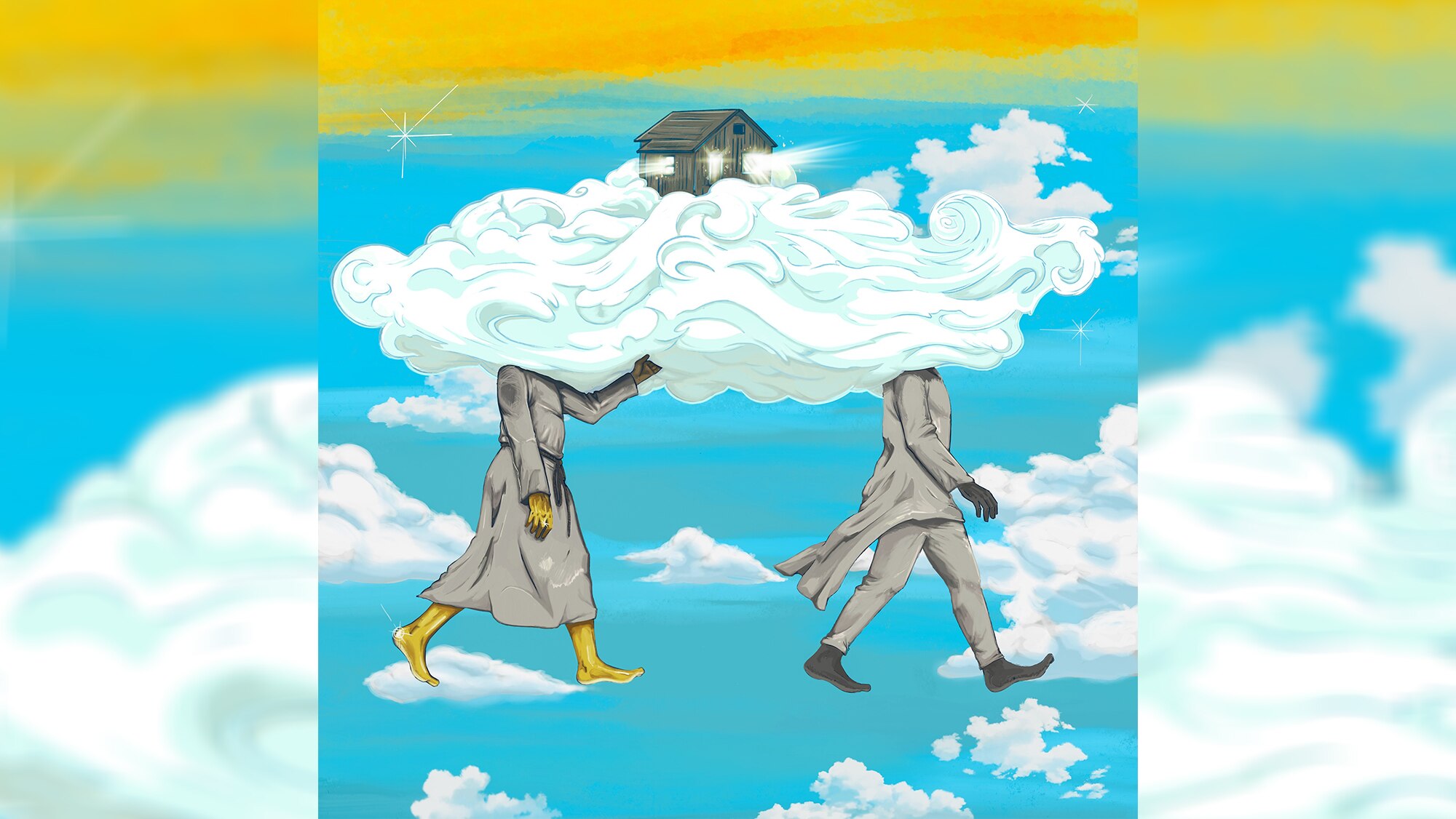 Art of a wood cabin floating on a giant cloud. 2 walking figures - one with gold skin, the other black - have heads in cloud