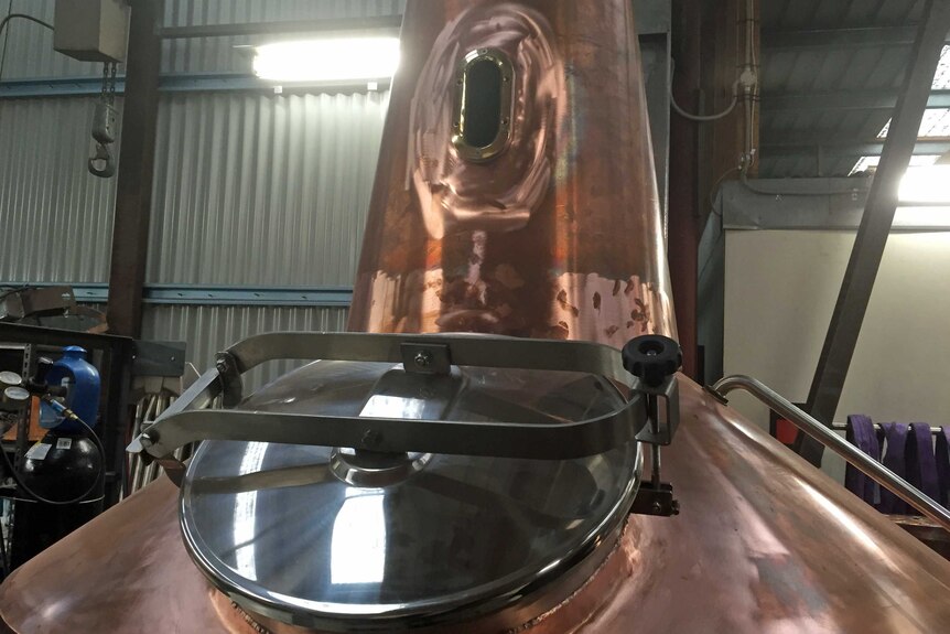 A large copper whisky still in a shed with fluoroscent lights on the tin walls.
