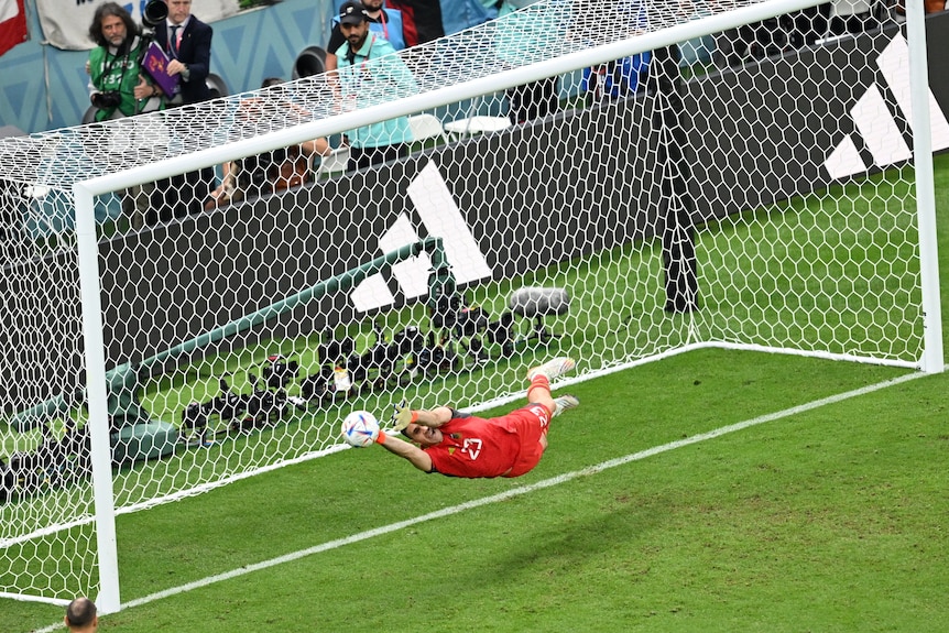 A goalkeeper dives the length of his body to save a ball from going into the net.