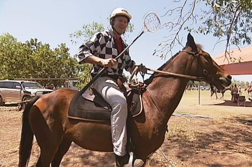 Controversial NT legal figure Peter Maley ready for polocrosse in Darwin's rural area.