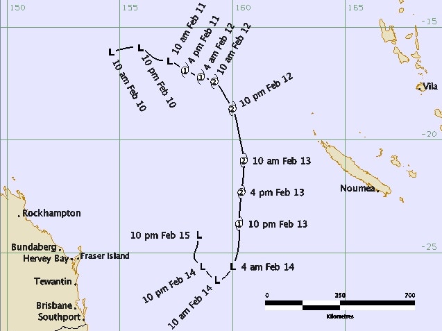 Weather map of tropical cyclone Tatiana from February 2016.