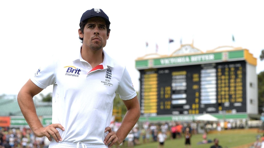England captain Alastair Cook reacts after Australia wins the Ashes at the WACA in December 2013.