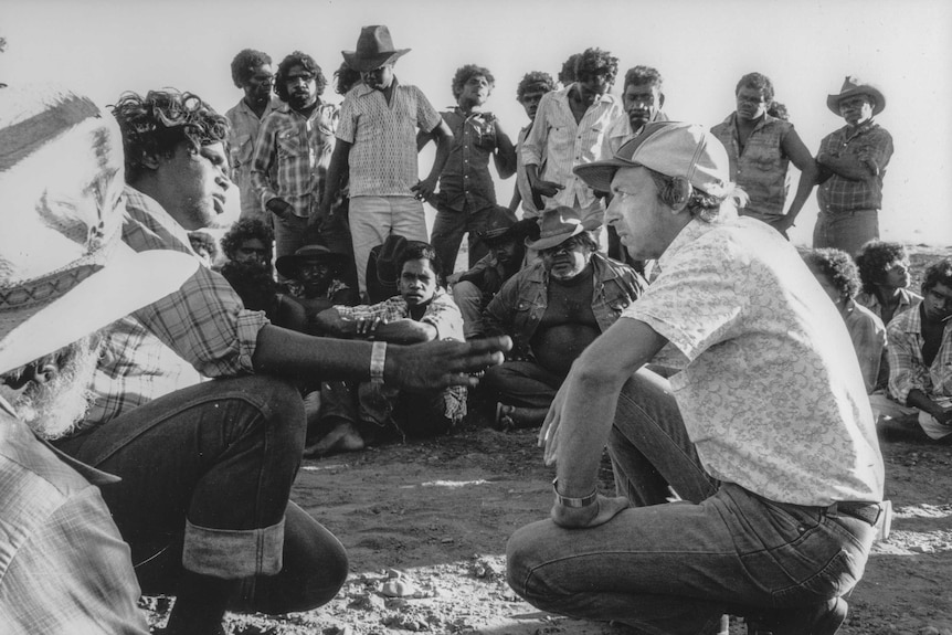 Yungngora Community secretary Mr McPhee speaks with Amax working Tom Lyon during Noonkanbah Dispute