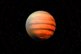 Picture of an orange and brown mottled planet against a black background.