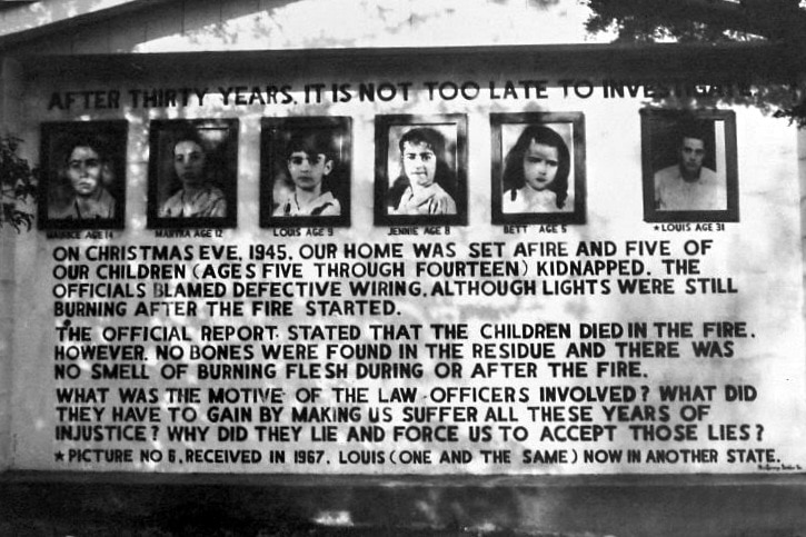 A billboard displays photos of five children and text describing what happened to them.