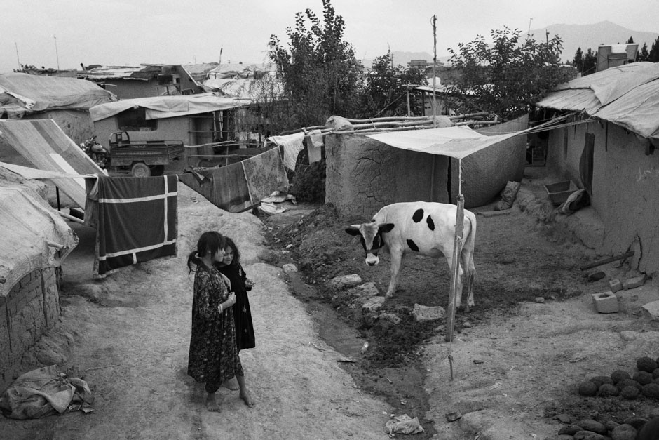 Two girls make their living selling dried discs of manure used to feed winter heating fires.