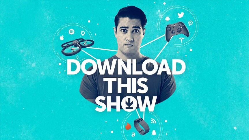 A man is surrounded by a drone, a gaming controller and a smart watch. Text says 'Download This Show'.