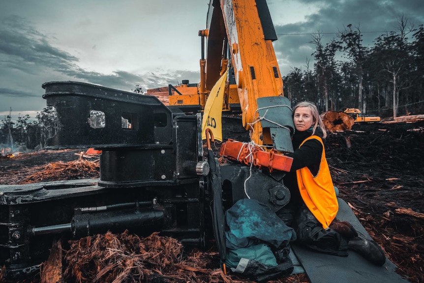 A protester tied to logging equipment.