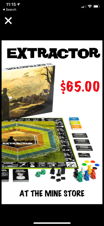 Screen shot from phone showing a pop up ad for Simon Denny's boardgame Extractor, showing what's in box and price tag of $65.00.