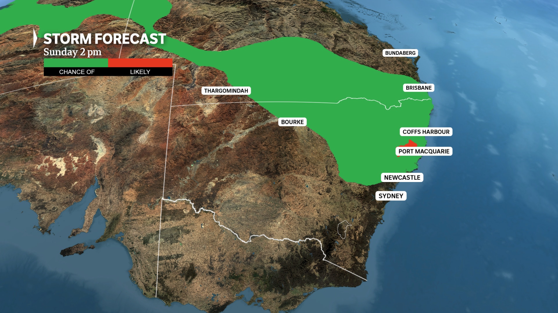 Un mapa de Australia que muestra un mayor riesgo de tormentas en el norte de Nueva Gales del Sur y el sur de Queensland a partir del domingo.