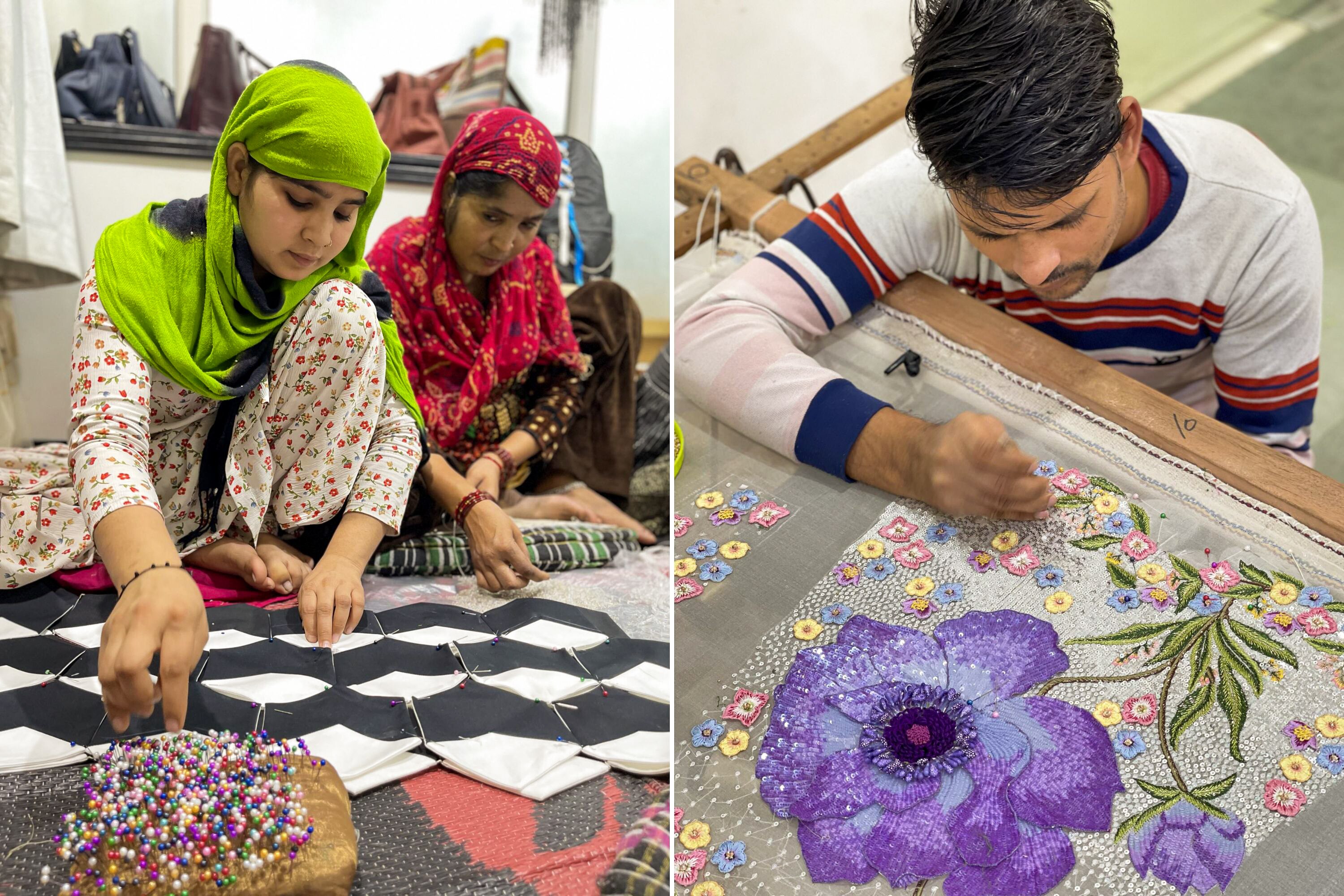 Un collage de dos fotografías de personas indias trabajando en prendas de vestir.