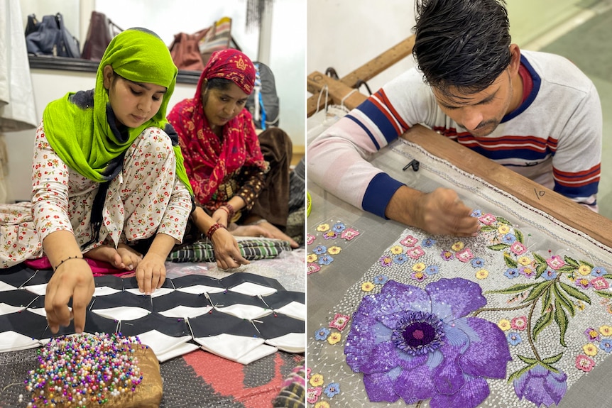 A collage of two photos of Indian people working on garments