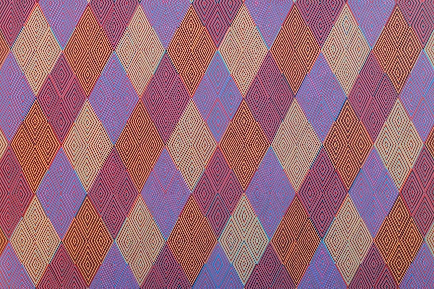 A painting comprised of purple, red, and yellow interlocking diamonds by Digby Moran