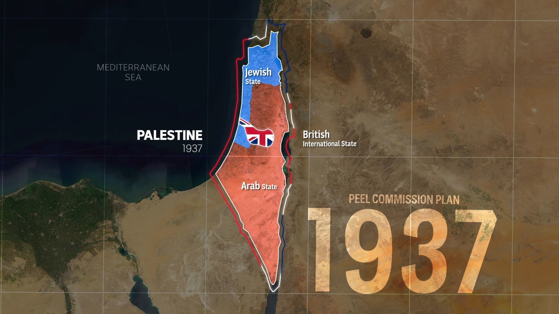 a map of the peel commission plan. It highlights areas owned by the british and says 1937 on it