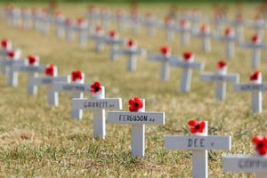 Small remembrance crosses cover the ground at the 90th Anniversary Remembrance Day service at the Shrine of Remembrance in Me...